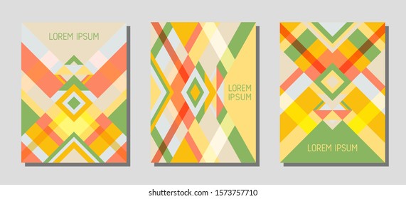 Collection of cover page layouts, vector templates geometric design with triangles and stripes. Ethnic mexican motifs. Bauhaus pattern vector covers design. Trendy rhombus stripe triangle shapes.