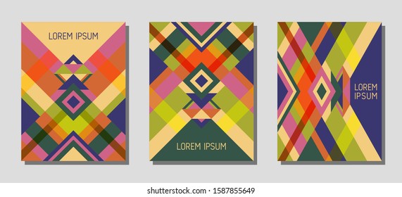 Collection of cover page layouts, vector templates geometric design with triangles and stripes. Carnival brazilian motifs. Bauhaus pattern vector covers design. Modern rhombus stripe triangle shapes.
