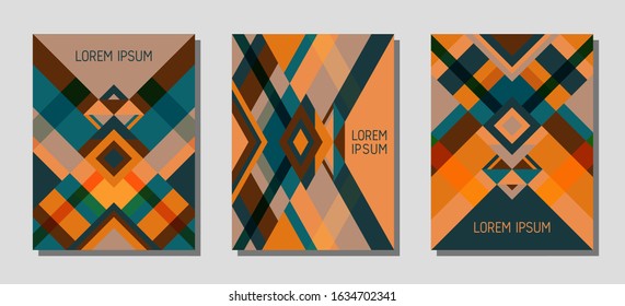 Collection of cover page layouts, vector templates geometric design with triangles and stripes. Festive brazilian motifs. Bauhaus pattern vector covers design. Modern rhombus stripe triangle shapes.