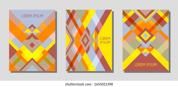 Collection of cover page layouts, vector templates geometric design with triangles and stripes. Folklore brazilian motifs. Bauhaus pattern vector covers design. Trendy rhombus stripe triangle shapes.