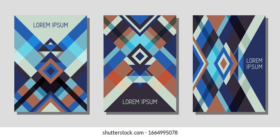 Collection of cover page layouts, vector templates geometric design with triangles and stripes. Festive mexican motifs. Bauhaus pattern vector covers design. Cool rhombus stripe triangle shapes.