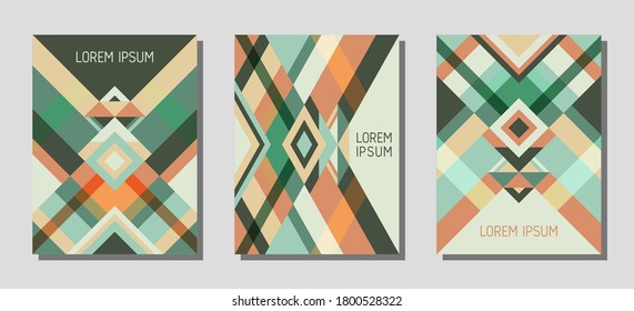 Collection of cover page layouts, vector templates geometric design with triangles and stripes. Carnival brazilian motifs. Bauhaus pattern vector covers design. Modern rhombus stripe triangle shapes.