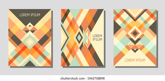 Collection of cover page layouts, vector templates geometric design with triangles and stripes. Carnival brazilian motifs. Bauhaus pattern vector covers design. Cool rhombus stripe triangle shapes.