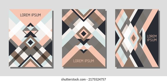 Collection of cover page layouts, vector templates geometric design with triangles and stripes. Folklore brazil motifs. Bauhaus pattern vector covers design. Modern rhombus stripe triangle shapes.
