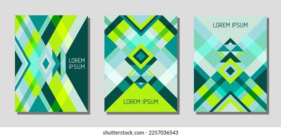Colección de diseños de portada de página, plantillas vectoriales de diseño geométrico con triángulos y rayas. Motivos étnicos de brasil. El vector de patrón de Bauhaus cubre el diseño. Formas triangulares de rayas rhombus de moda.