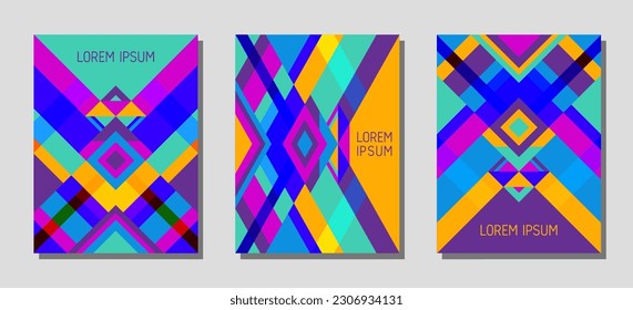 Collection of cover page layouts, vector templates geometric design with triangles and stripes. Folklore brazil motifs. Bauhaus pattern vector covers design. Trendy rhombus stripe triangle shapes.