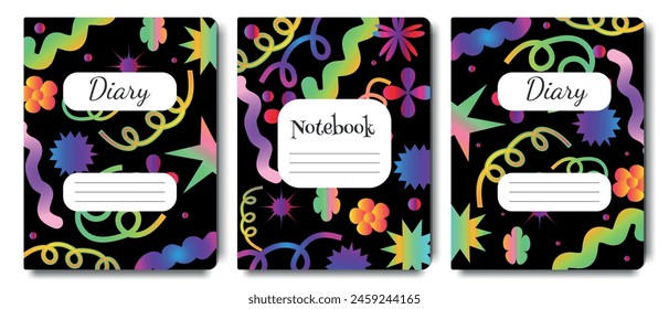 A collection of cover templates for notebooks and diaries in a modern trendy abstract gradient style with geometric shapes. Goods for school and education.