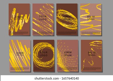 Collection of covers with brush strokes for books, magazines, catalogs. Rose, blue and black. Vertical banners set in modern style. Rough brush strokes. Stamp for Calligraphy. Typographic template