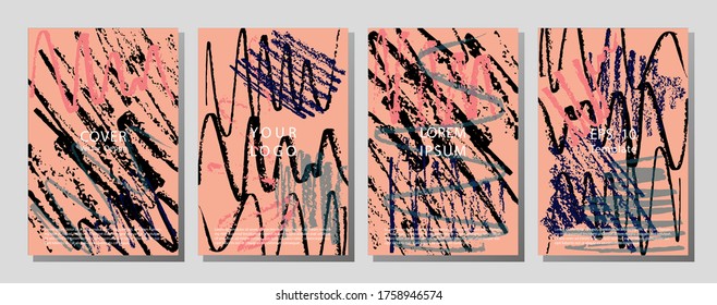 Collection of covers with brush strokes for books, magazines, catalogs. Rough brush strokes. Stamp for Calligraphy. Typographic template.