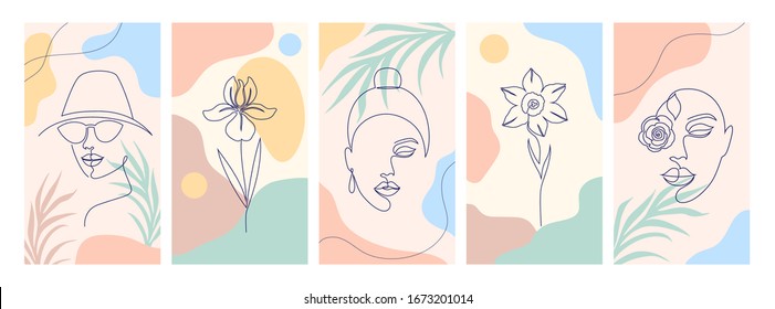 Collection of covers for social media stories, cards, flyer, poster, banners and other promotion.Beautiful illustrations with one line drawing style and abstract shapes. Beauty and fashion concept.