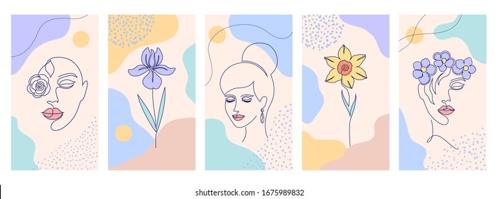 Collection of covers for social media stories, cards, flyer, poster, banners and other promotion.Beautiful illustrations with one line drawing style and abstract shapes. Beauty and fashion concept.