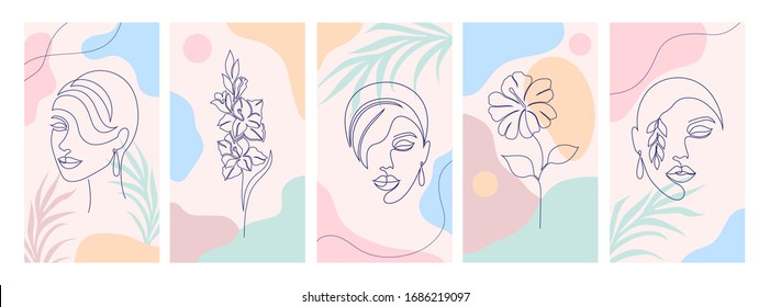 Collection of covers for social media stories, cards, flyer, poster, banners and other promotion.Beautiful illustrations with one line drawing style and abstract shapes. Beauty and fashion concept.