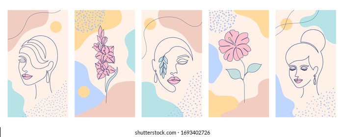 Collection of covers for social media stories, cards, flyer, poster, banners and other promotion.Beautiful illustrations with one line drawing style and abstract shapes. Beauty and fashion concept.