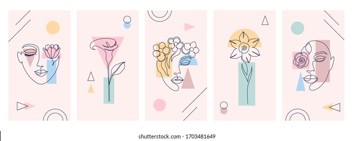 Collection of covers for social media stories, cards, flyer, poster, banners and other promotion.Beautiful illustrations with one line drawing style and geometric shapes. Beauty and fashion concept.