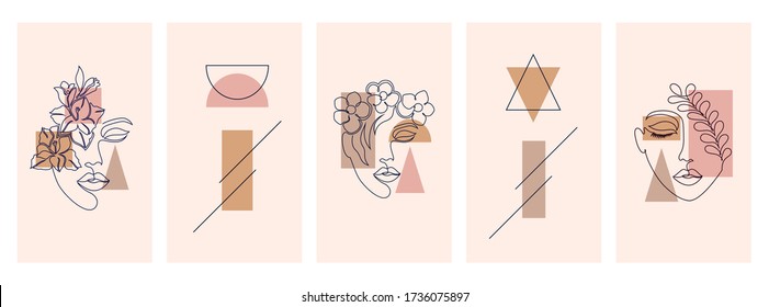 Collection of covers for social media stories, cards, flyer, poster, banners and other promotion.Beautiful illustrations with one line drawing style and geometric shapes. Beauty and fashion concept.
