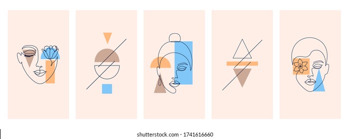 Collection of covers for social media stories, cards, flyer, poster, banners and other promotion.Beautiful illustrations with one line drawing style and geometric shapes. Beauty and fashion concept.
