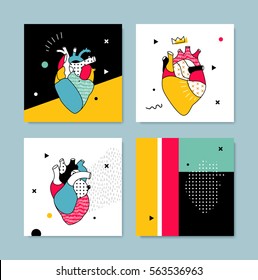 The collection covers templates in pop style. Human heart with geometric shapes. Illustration can be used for invitations, flyers for a party, cover, printed on t-shirts,  books, magazines.