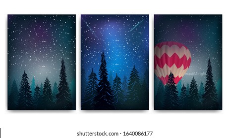 Collection of covers for your creativity isolated on a white background. Night landscape in a pine forest with a starry sky