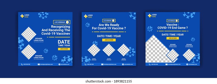Collection of covid-19 vaccine social media posts. Live webinar. Vaccine for covid-19. For the socialization of the covid-19 virus vaccination.