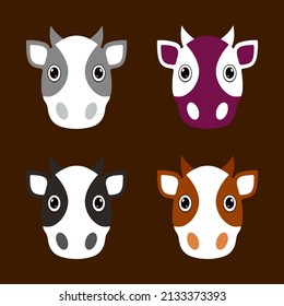 Collection of cow cartoon face design icon. Pack of cow cartoon face vector illustration.  Buffalo cartoon face icon

