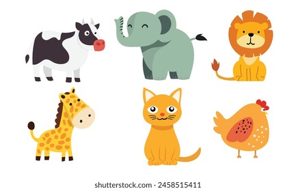 Collection of cow, elephant, lion, giraffe, cat, and chicken clipart in flat vector style