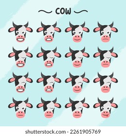 Collection of cow facial expressions in flat design style