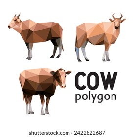 Collection of Cow Polygon Vector. Polygonal Low Poly of Livestock Animal Cow. Set of Cow Abstract Illustration Logo