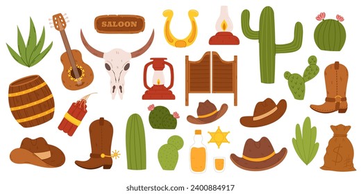 Collection with cowboy associated elements in flat had drawn style. Bull skull, dynamite and tequila bottle, cowboys boots and hat, cactus plants, bag with money