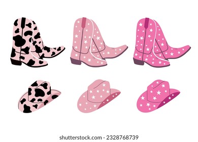 Collection cowboy boots and hats. Animal print. Cowboy western and wild west theme. Hand drawn vector illustration