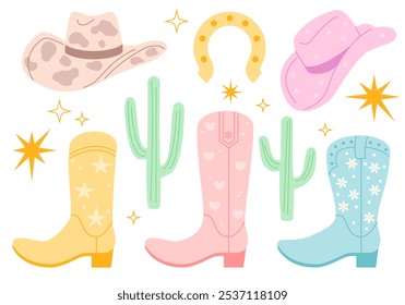 Coleção de elementos de moda Cowboy. Bota de vaqueira, chapéu, ferradura, cacto. Tema oeste de Cowboy e oeste selvagem. Projeto de rodeio. Música country