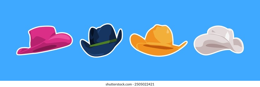 Collection of cowboy hat with flat style. Isolated on blue background. Vector illustration.