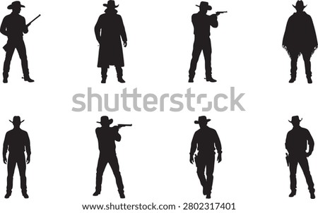 A collection of cowboy silhouette vector characters in various wild west poses. Black isolated flat graphics of western gunslingers, sheriffs, and outlaws holding guns for creative designs.