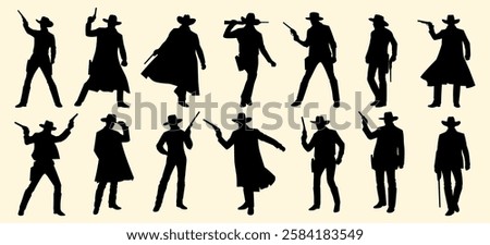 A collection of cowboy silhouettes in various action poses, wielding guns and exuding a Western vibe.