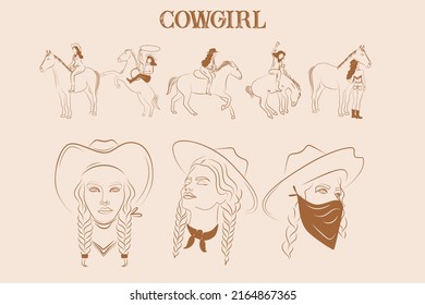 Collection of cowgirl illustration. Woman portrait line illustration. Cowgirl rider on horse. Editable vector illustration.