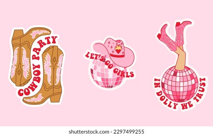 Collection with cowgirl sticker. Cowboy hat, disco ball, boot and lettering. Cowboy western and wild west theme. Hand drawn vector design for postcard, t-shirt, sticker etc.