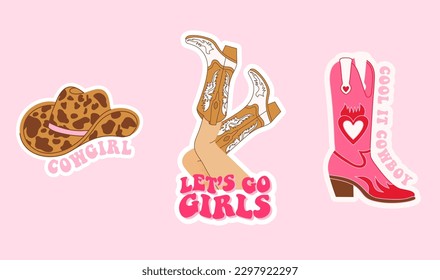 Collection with cowgirl sticker. Cowboy hat, boot and lettering. Cowboy western and wild west theme. Hand drawn vector design for postcard, t-shirt, sticker etc.