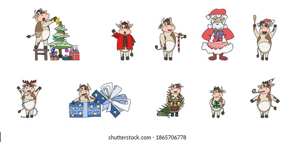 collection of cows and santa claus for the new year characters. vector doodle illustration