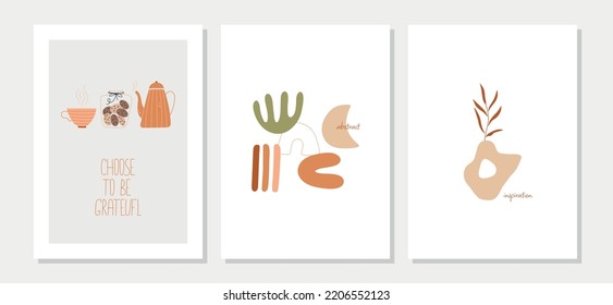 Collection of cozy abstract autumn cards with quotes. Vector warm and cozy hygge collection of autumn illustrations in cartoon style.