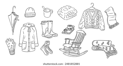 Collection of cozy autumn items in outline doodle style. Monochrome hygge contour stickers . Vector clipart of sketchy drawings isolated on white background. Could be used for coloring pages