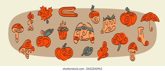 "Collection of cozy autumn-themed vector illustrations. Retro color palette. Includes fall leaves, hot drinks, sweaters, and umbrellas. Ideal for banners, web design, stickers, and seasonal branding."