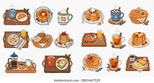 A collection of cozy breakfast and brunch items, including waffles, pancakes, hot drinks, pastries, and oatmeal, presented on trays and plates.