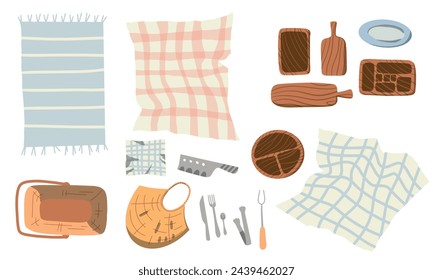 Collection of cozy elements for pictic. Food and drink. picnic illustration. Editable vector illustration.