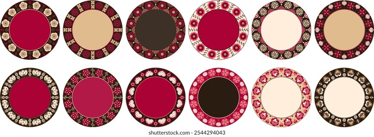 Collection of Cozy folk Chinese frames with copy space. Gingerbread round frames. Hand drawn vector new year theme template for greatings, invitation, decor