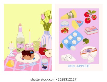 Collection of Cozy Food Illustration. Kitchen Essentials. Hand Drawn Food Illustration Set. Editable Vector Illustration.