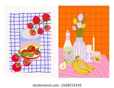 Collection of Cozy Food Illustration. Kitchen Essentials. Hand Drawn Food Illustration Set. Editable Vector Illustration.