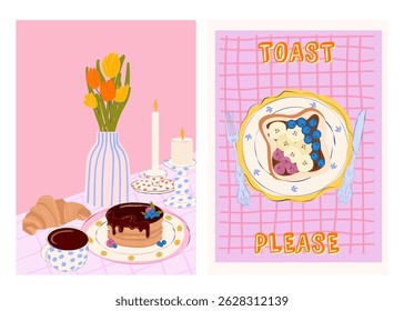 Collection of Cozy Food Illustration. Retro Food Moments. Breakfast Vector Art. Editable Vector Illustration