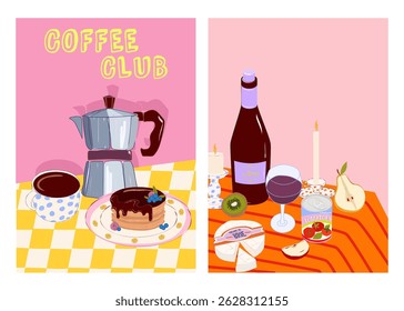 Coleção de ilustração de comida aconchegante. Retro Food Moments. Arte vetorial de café e vinho. Ilustração vetorial editável.