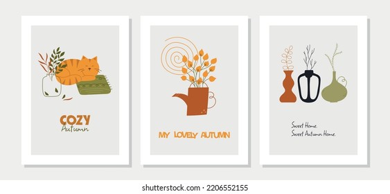 Collection of cozy home autumn cards with quotes. Vector warm and cozy hygge collection of autumn illustrations in cartoon style.