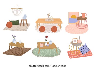 collection cozy home decoration hand drawn illustration