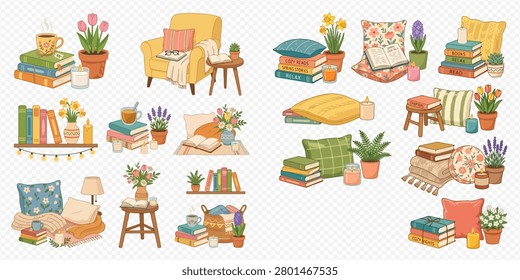 A collection of cozy home elements including books, plants, candles, pillows, and furniture, perfect for relaxation and reading.